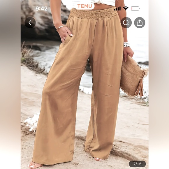 Casual high-waisted wide-leg pants in khaki. - Picture 1 of 2